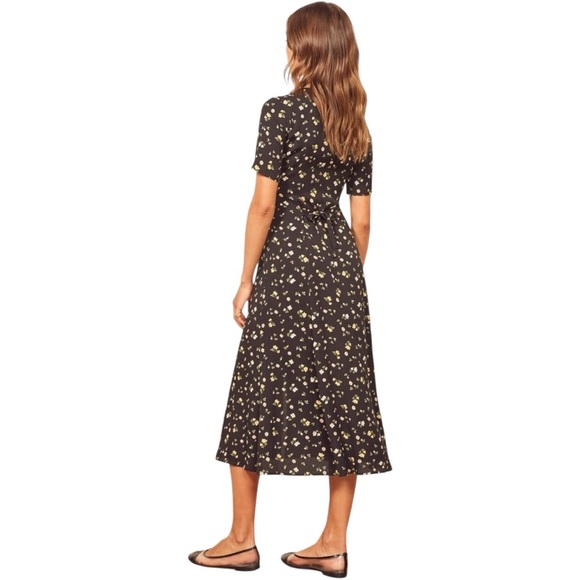 REFORMATION Locklin Midi Dress in Venezia Black Floral Crepe Short Sleeve XS 0 - Picture 2 of 11